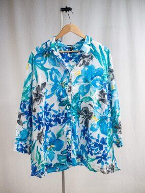 Lauren Ralph Lauren 100% Linen Colorful Blue Floral Summer Top